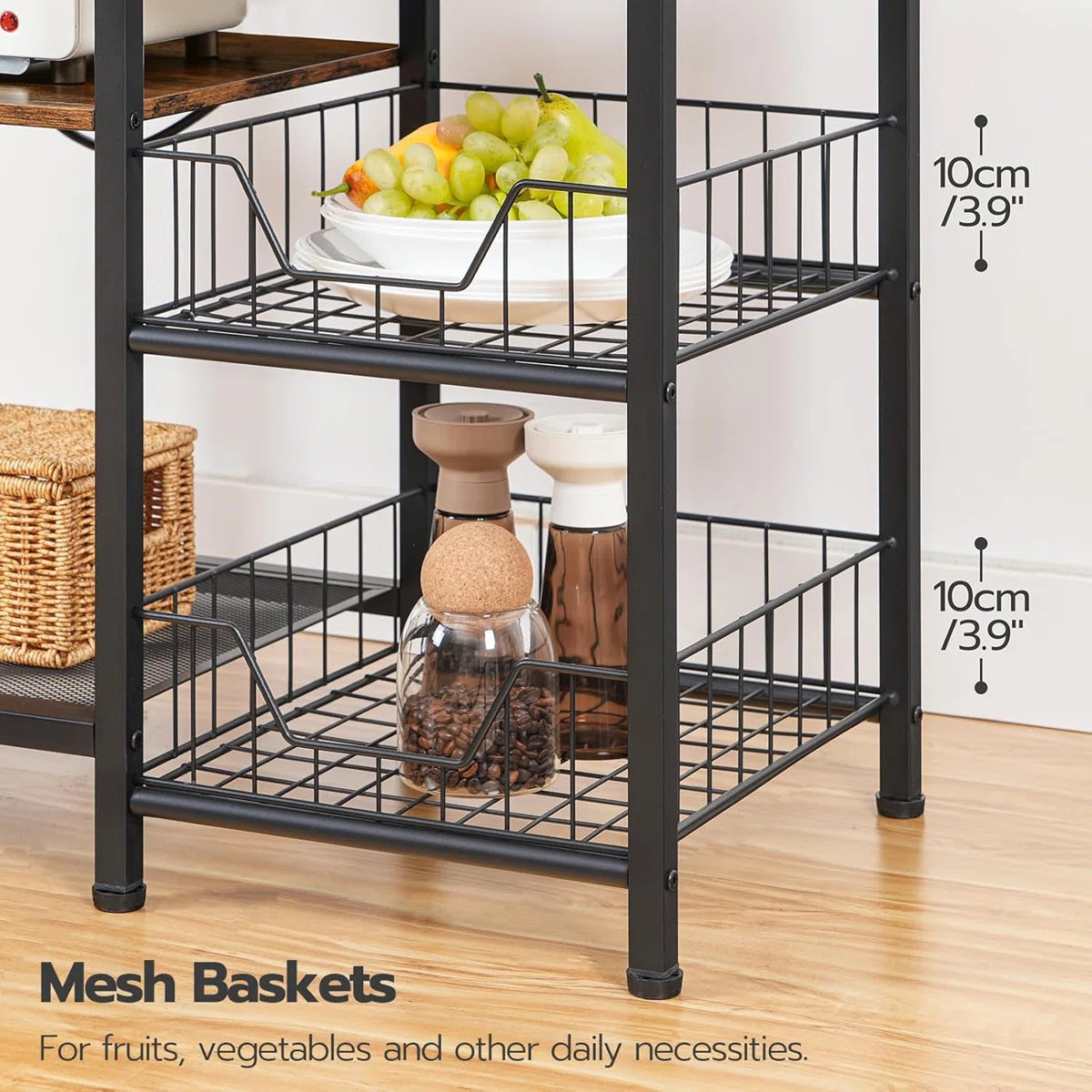 Kitchen Rack: 6-Tier Microwave Stand with 4 Hooks, Kitchen Shelf with Wire Basket