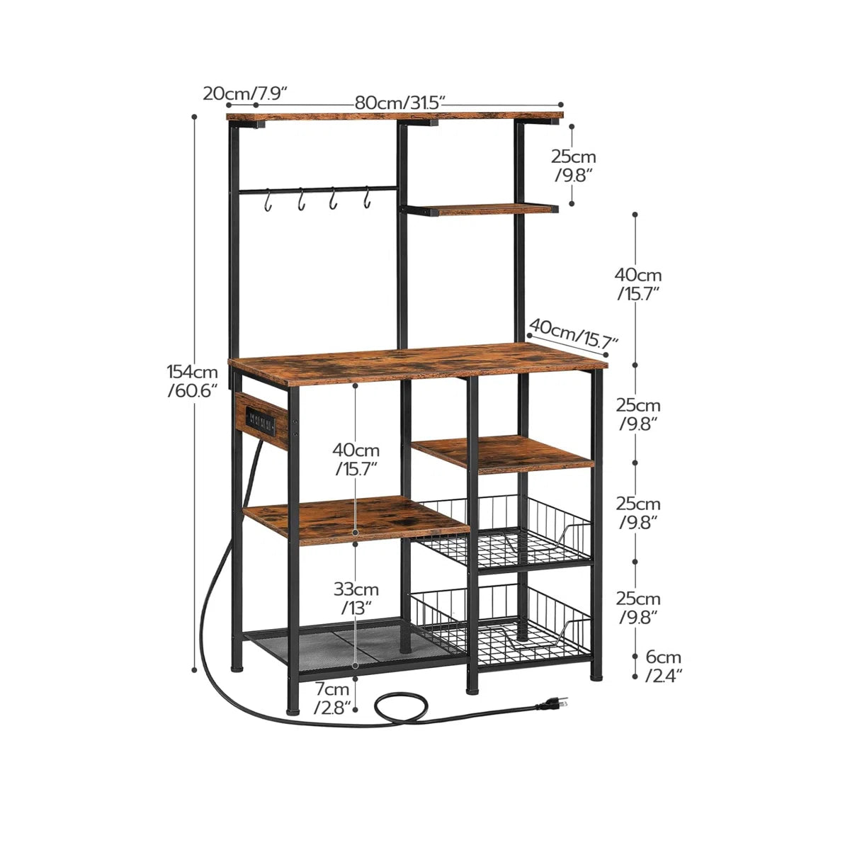 Kitchen Rack: 6-Tier Microwave Stand with 4 Hooks, Kitchen Shelf with Wire Basket
