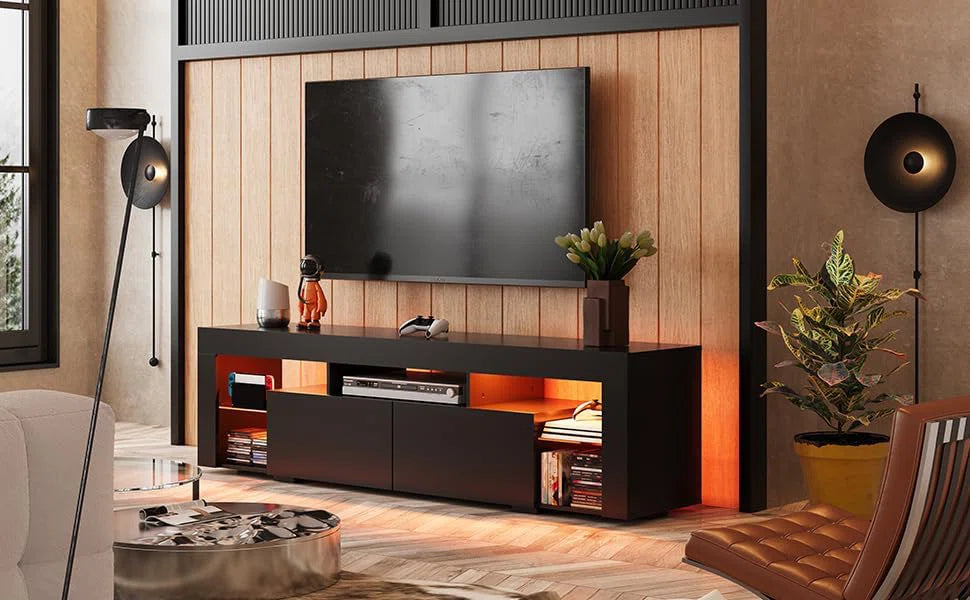 tv panel: 63" Modern tv panel with LED Lights and 2 Drawers, Fits 60–70" TVs