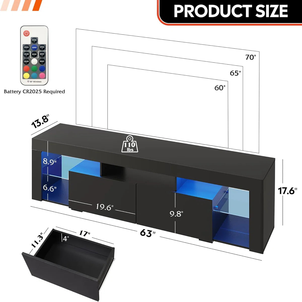 tv panel: 63" Modern tv panel with LED Lights and 2 Drawers, Fits 60–70" TVs