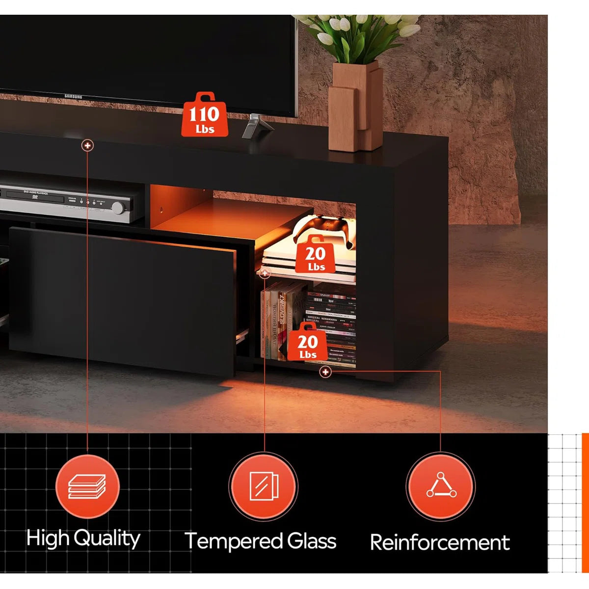 tv panel: 63" Modern tv panel with LED Lights and 2 Drawers, Fits 60–70" TVs