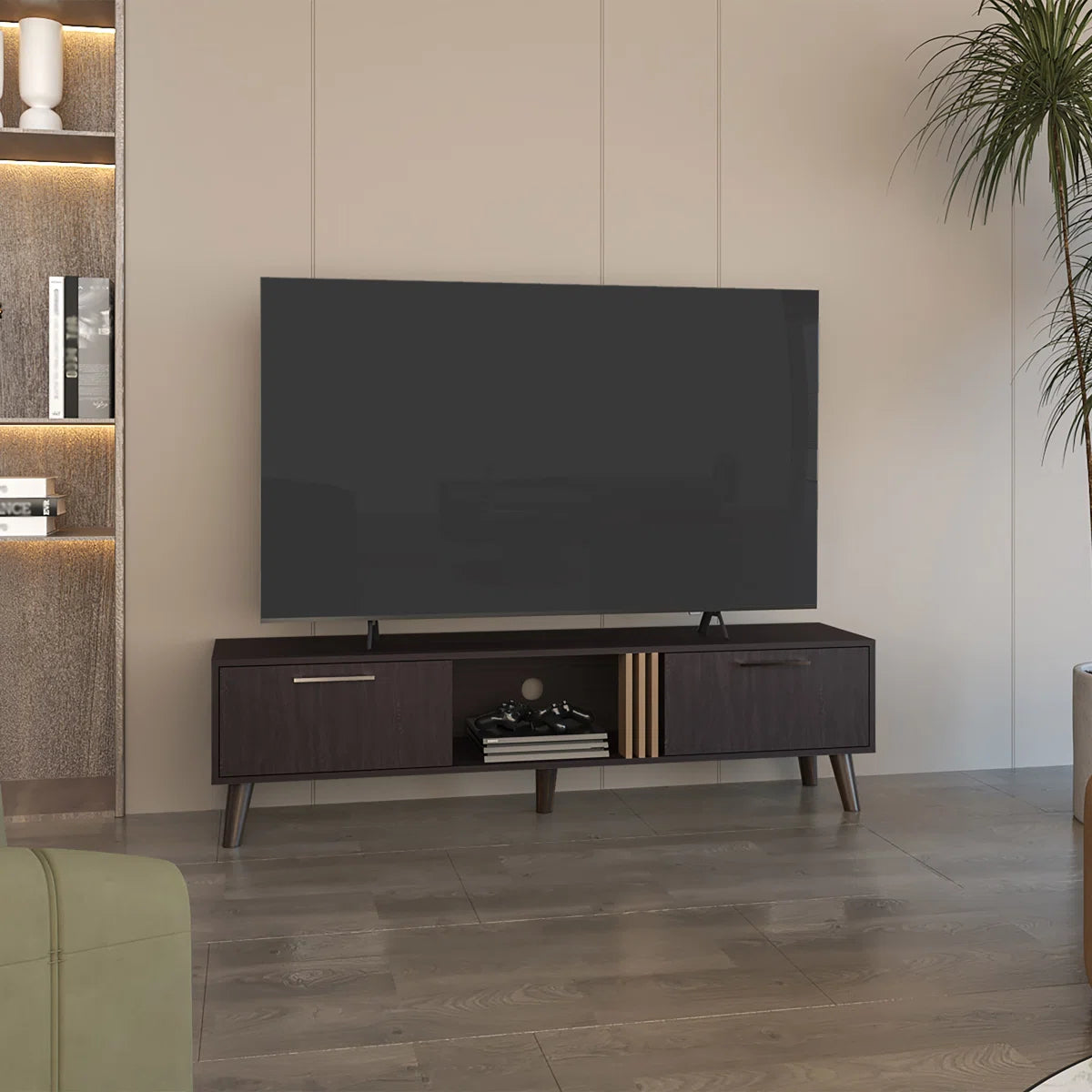 tv panel: 63" wide tv panel with Two Drop-Down Cabinets, Shelves, and Cable Management