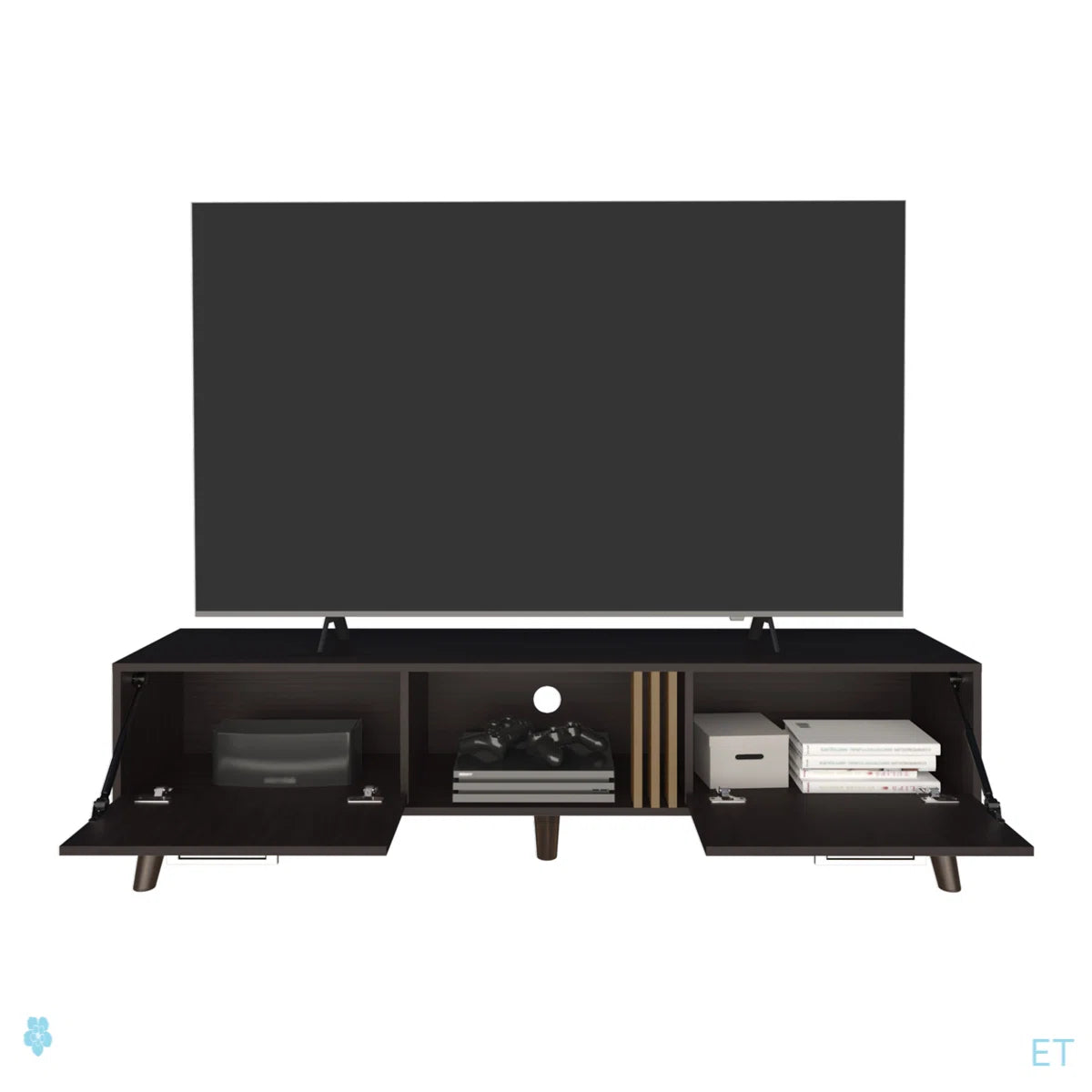 tv panel: 63" wide tv panel with Two Drop-Down Cabinets, Shelves, and Cable Management