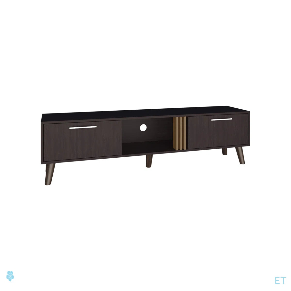tv panel: 63" wide tv panel with Two Drop-Down Cabinets, Shelves, and Cable Management