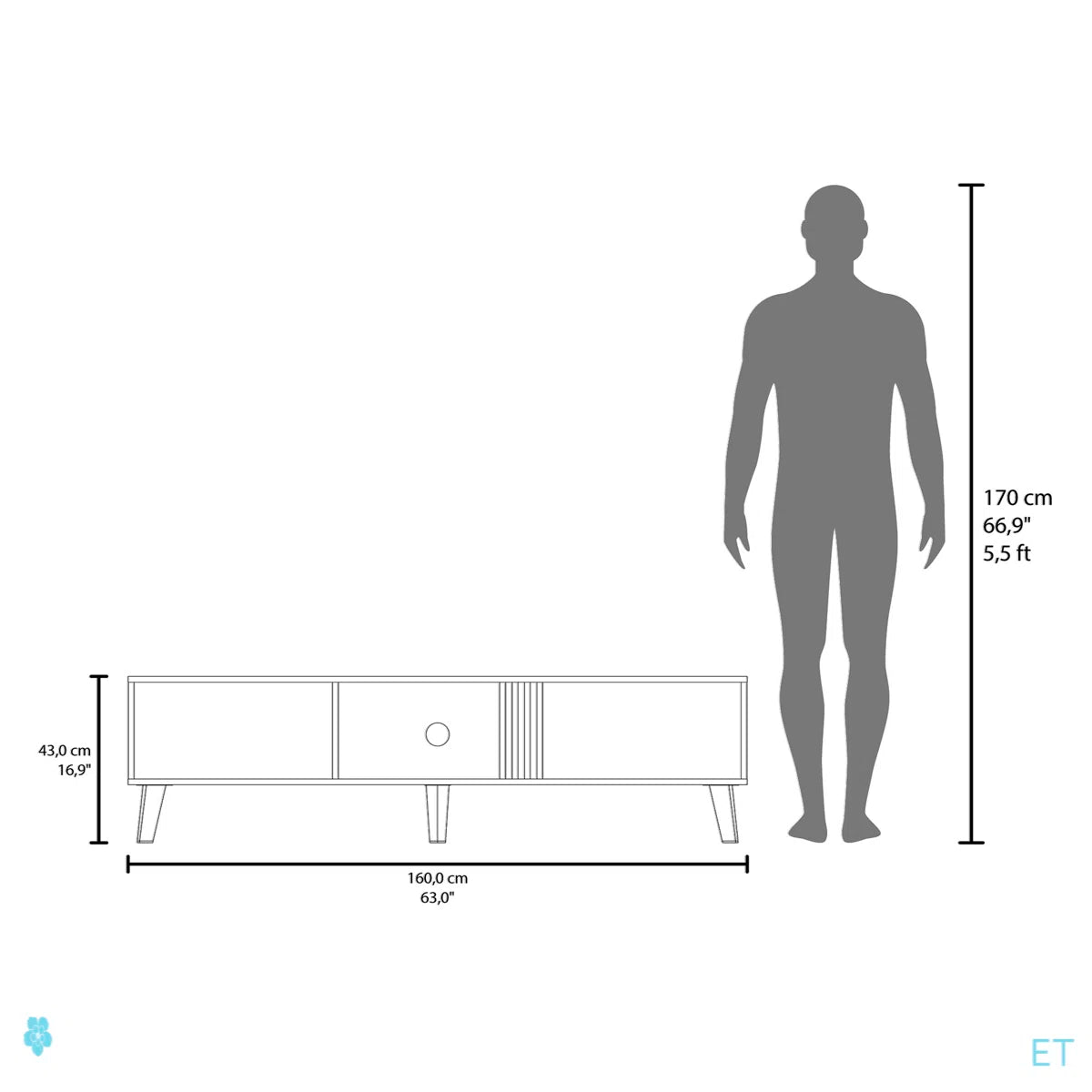 tv panel: 63" wide tv panel with Two Drop-Down Cabinets, Shelves, and Cable Management