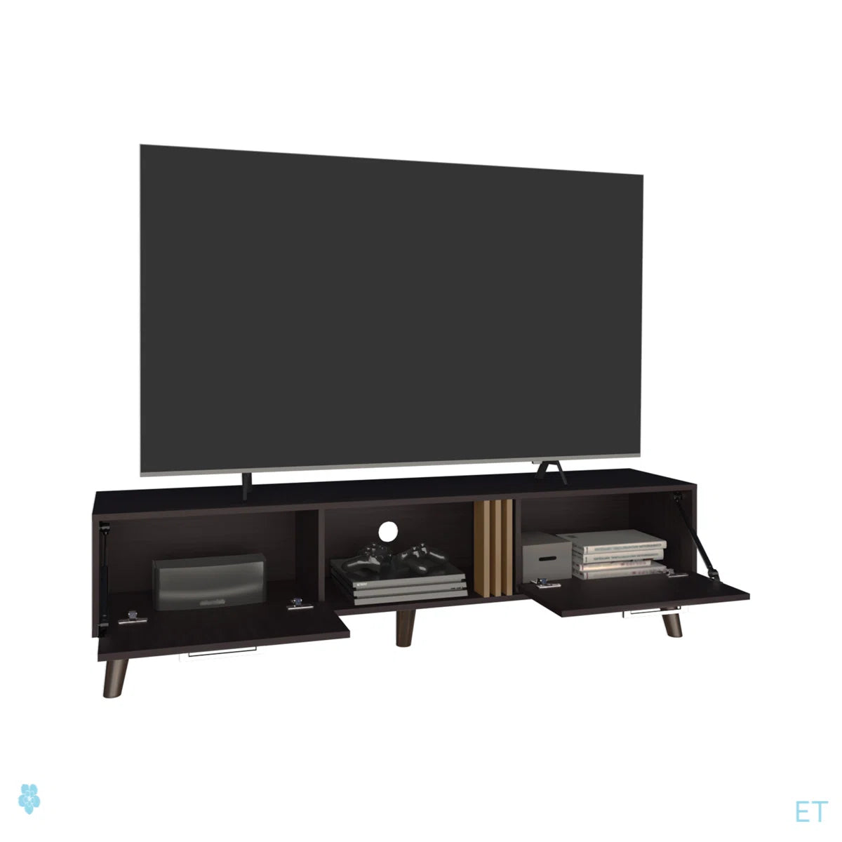 tv panel: 63" wide tv panel with Two Drop-Down Cabinets, Shelves, and Cable Management