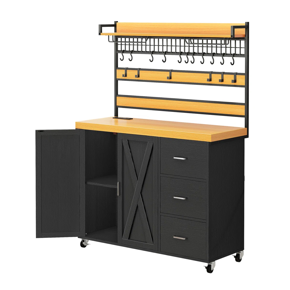 Kitchen Rack: 64.50'' Portable Kitchen Pantry Cabinet with Goblet Holders and Power Outlet