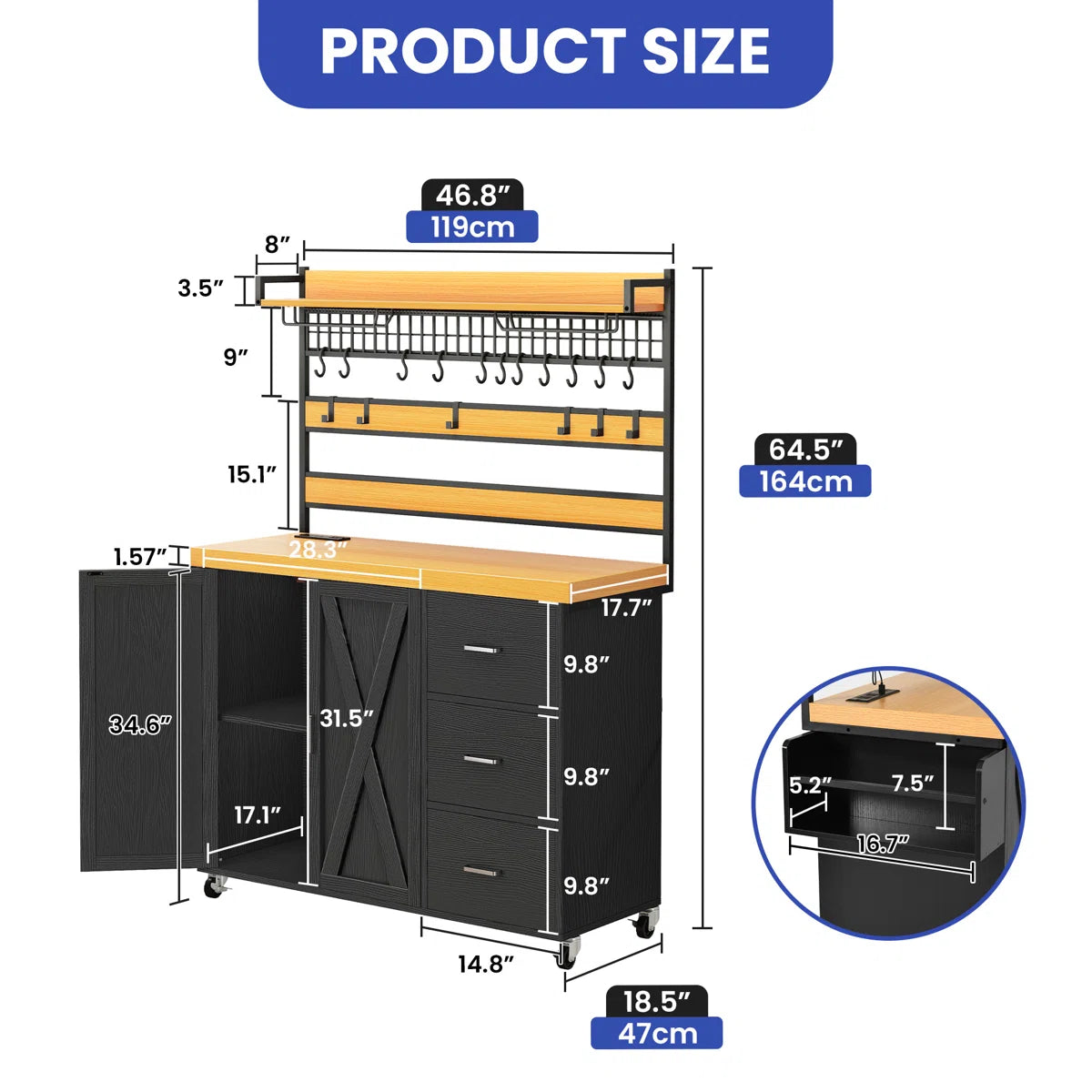 Kitchen Rack: 64.50'' Portable Kitchen Pantry Cabinet with Goblet Holders and Power Outlet