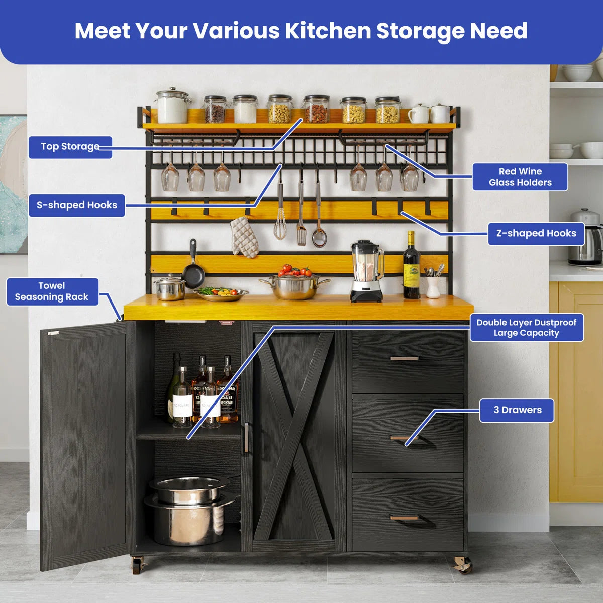 Kitchen Rack: 64.50'' Portable Kitchen Pantry Cabinet with Goblet Holders and Power Outlet