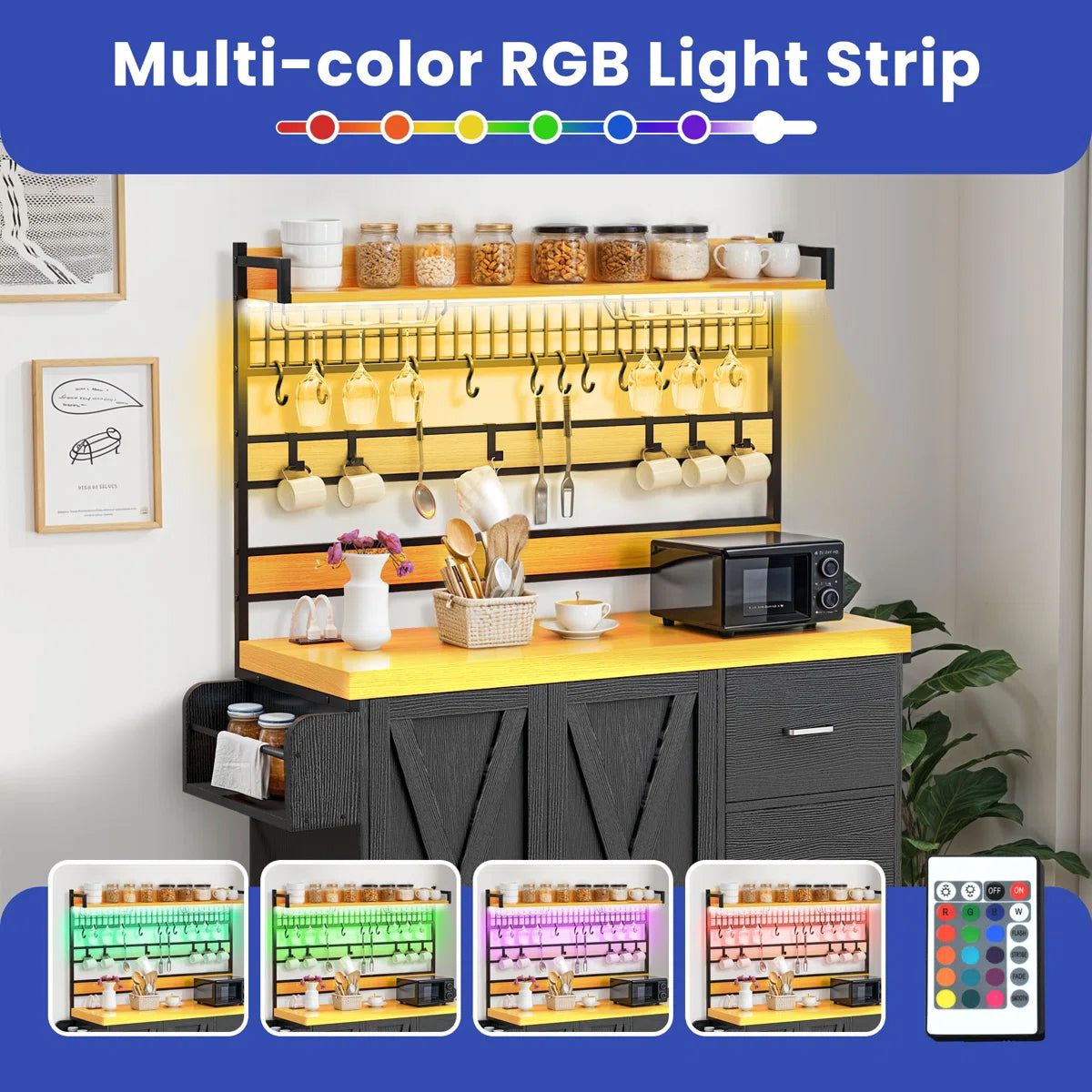Kitchen Rack: 64.50'' Portable Kitchen Pantry Cabinet with Goblet Holders and Power Outlet
