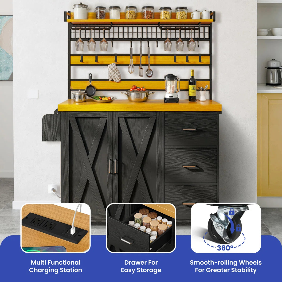 Kitchen Rack: 64.50'' Portable Kitchen Pantry Cabinet with Goblet Holders and Power Outlet