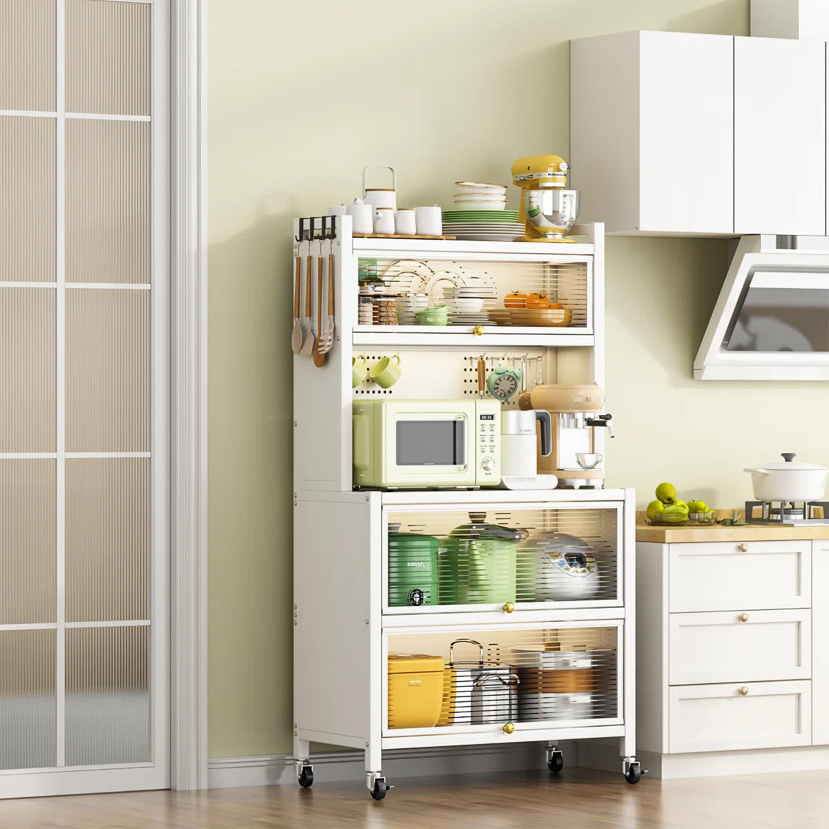 Kitchen Rack: 64'' Kitchen Pantry Storage Cabinet with Microwave Stand, 4 Rolling Wheels for Home