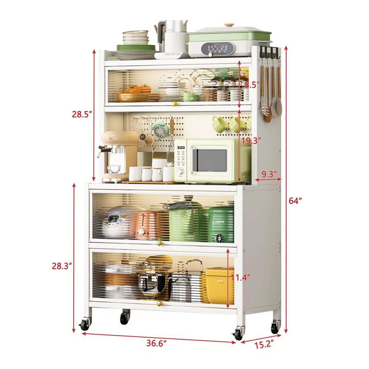 Kitchen Rack: 64'' Kitchen Pantry Storage Cabinet with Microwave Stand, 4 Rolling Wheels for Home