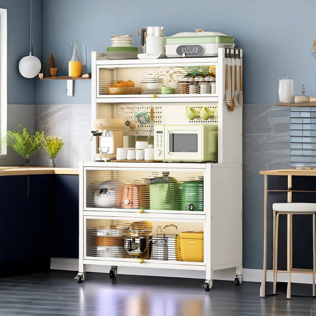Kitchen Rack: 64'' Kitchen Pantry Storage Cabinet with Microwave Stand, 4 Rolling Wheels for Home