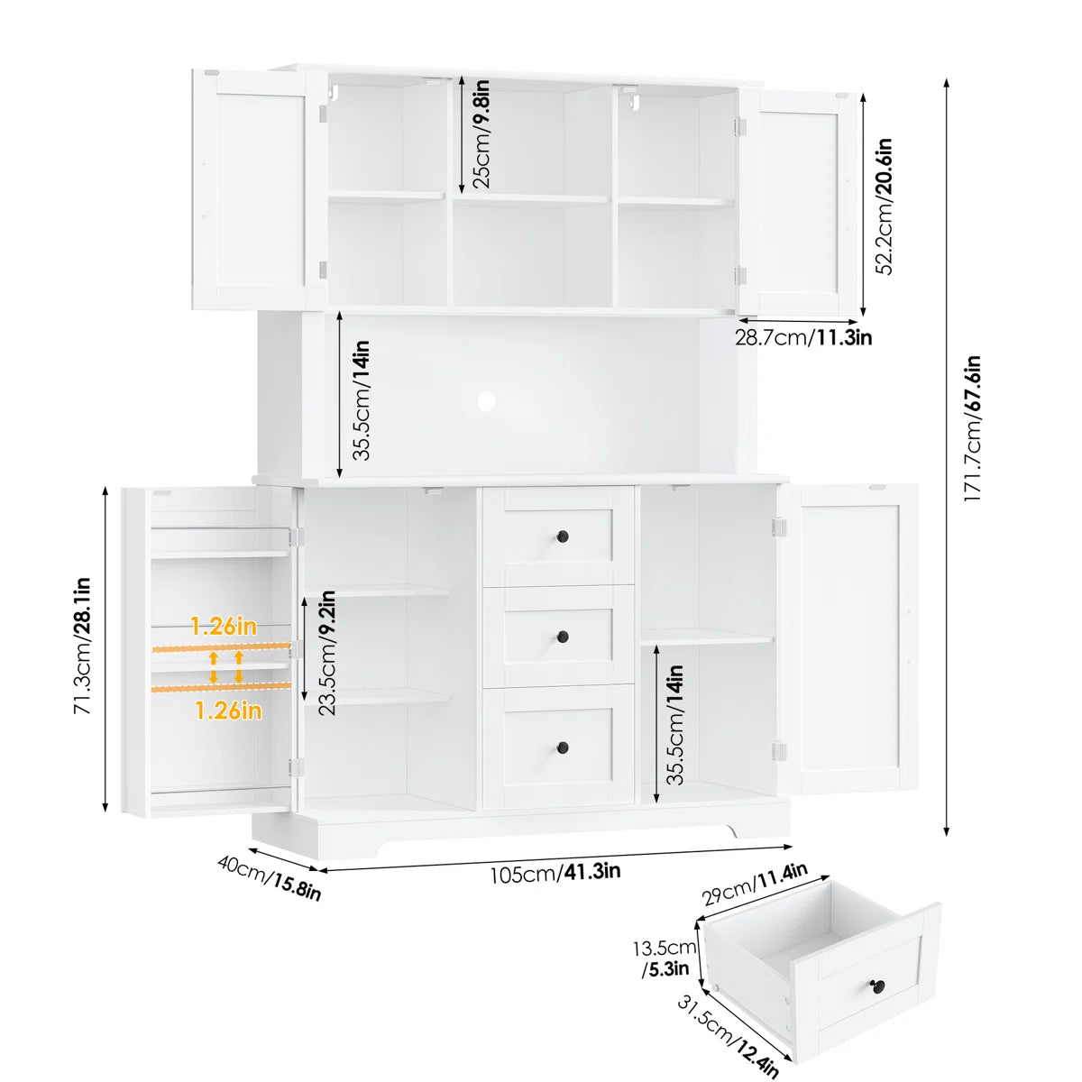 Kitchen Rack: 67.6'' H Three-Drawer Pantry Storage Cabinet for Organizing Kitchen Storage with Cable Management