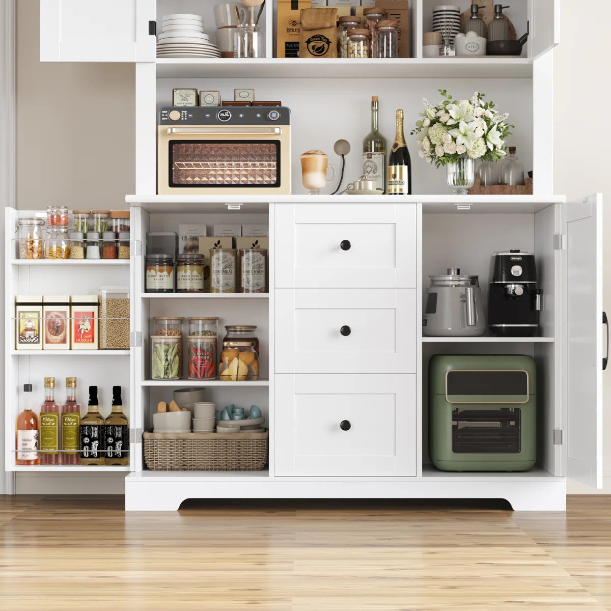 Kitchen Rack: 67.6'' H Three-Drawer Pantry Storage Cabinet for Organizing Kitchen Storage with Cable Management