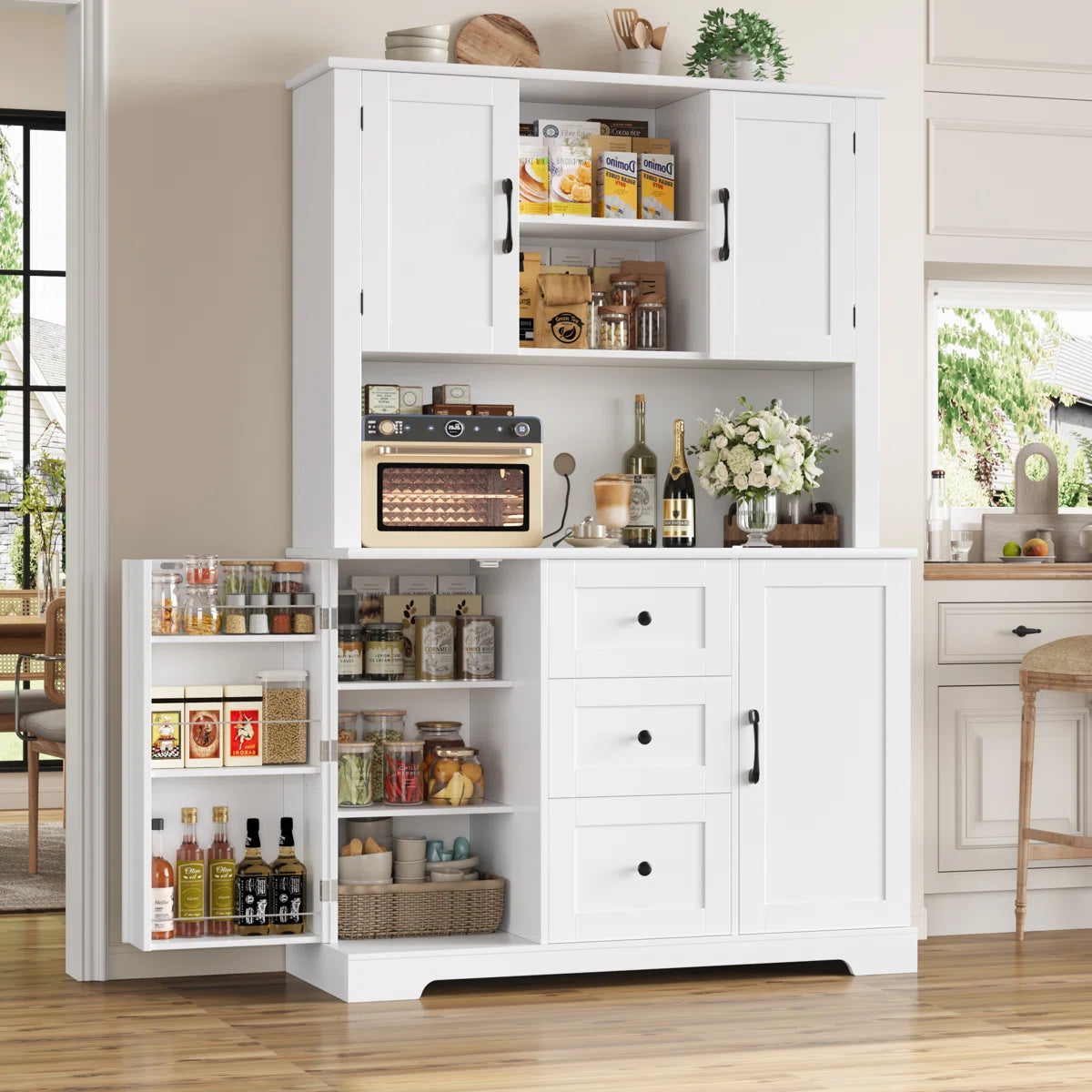 Kitchen Rack: 67.6'' H Three-Drawer Pantry Storage Cabinet for Organizing Kitchen Storage with Cable Management