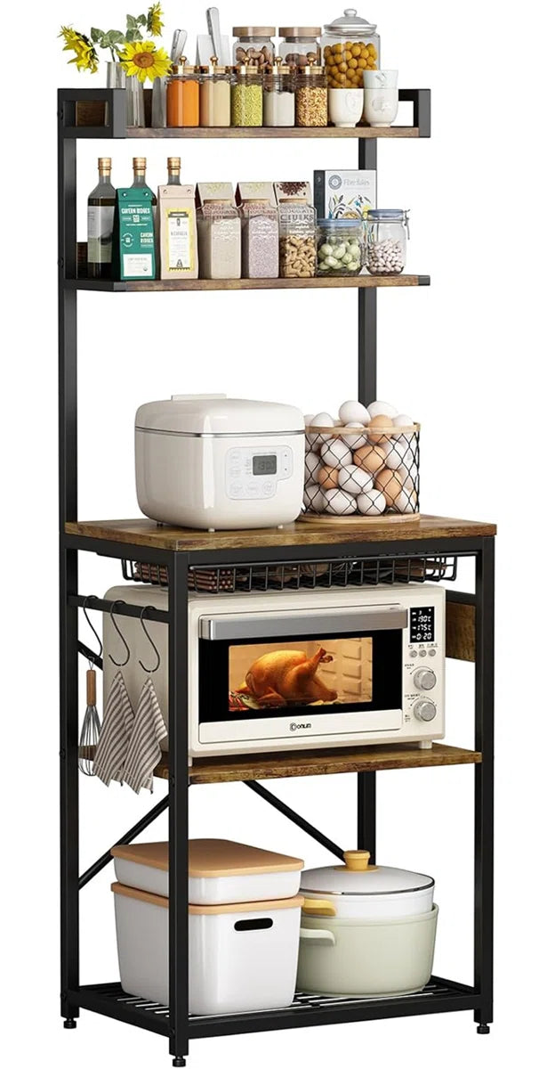 Kitchen Rack: 67'' Rustic Brown 5-Tier Microwave Stand Kitchen Baker's Rack with Power Outlet