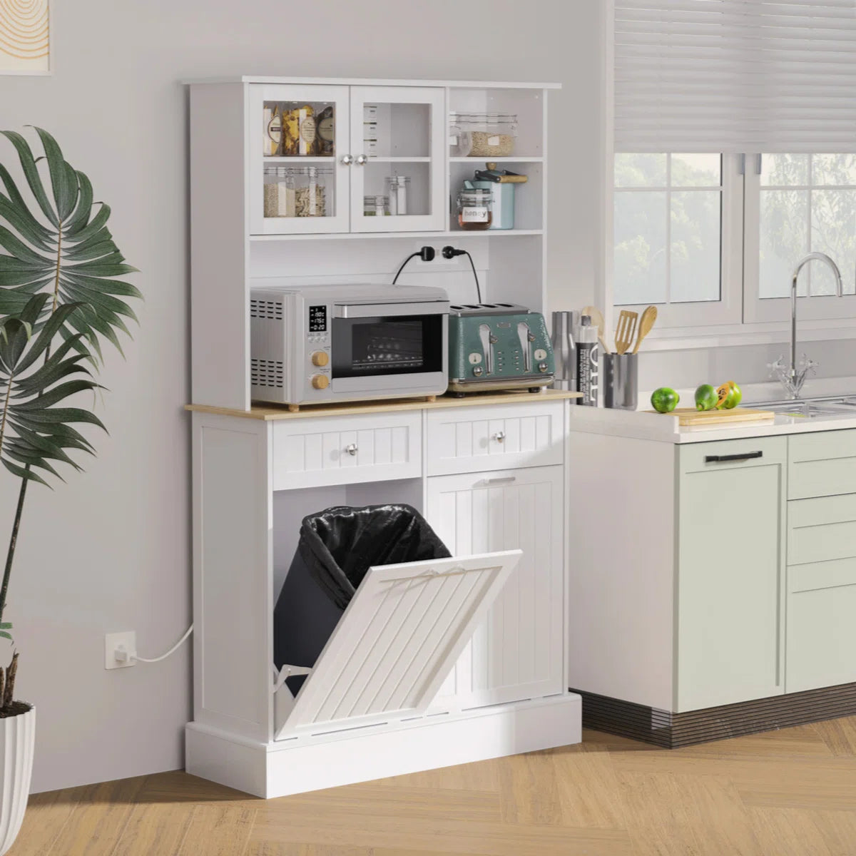 Microwave Stands: "68'' Kitchen Hutch with Microwave Stand, Trash Cabinets & Charging Station – Modern Pantry Storage