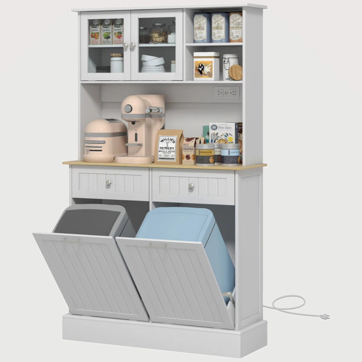 Microwave Stands: "68'' Kitchen Hutch with Microwave Stand, Trash Cabinets & Charging Station – Modern Pantry Storage
