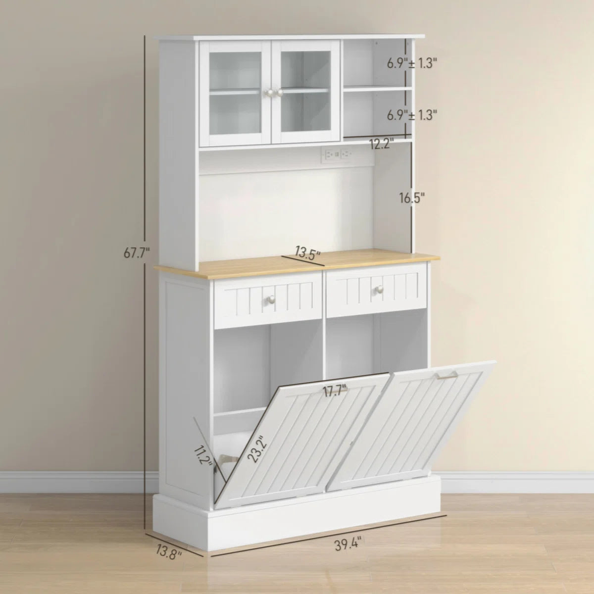 Microwave Stands: "68'' Kitchen Hutch with Microwave Stand, Trash Cabinets & Charging Station – Modern Pantry Storage