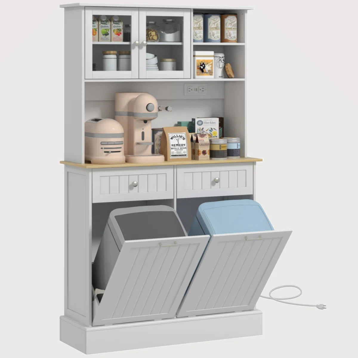 Microwave Stands: "68'' Kitchen Hutch with Microwave Stand, Trash Cabinets & Charging Station – Modern Pantry Storage