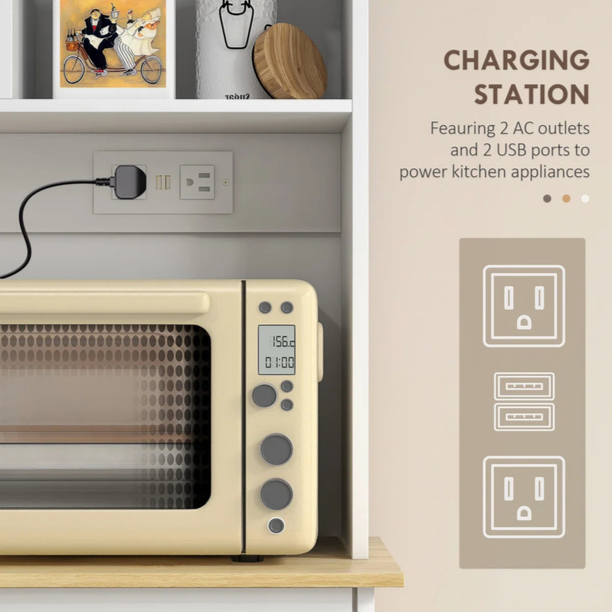 Microwave Stands: "68'' Kitchen Hutch with Microwave Stand, Trash Cabinets & Charging Station – Modern Pantry Storage