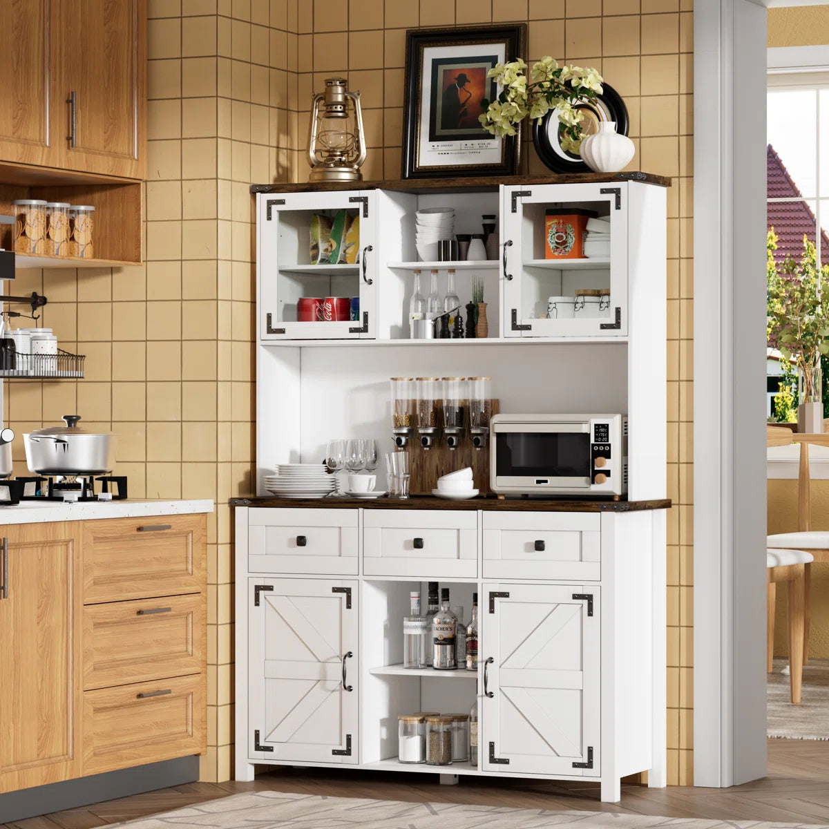 Microwave Stands: : 68" Kitchen Pantry Cabinet – Freestanding Storage with Microwave Shelf & Adjustable Shelves