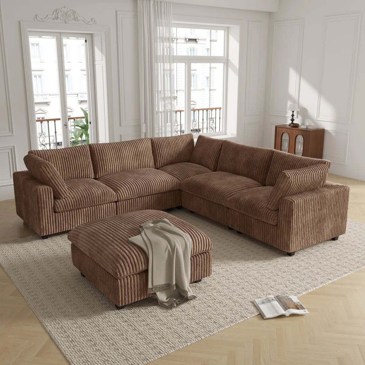 7 Seater Sofa Set: 6-Piece Upholstered Sectional with Ottoman