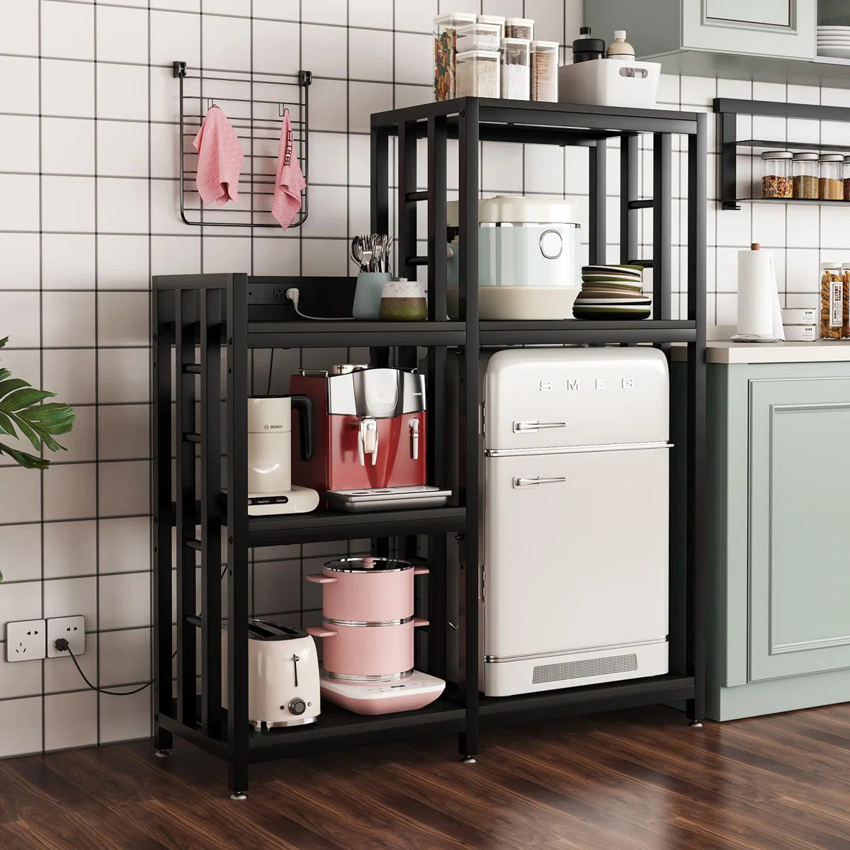 Kitchen Racks: 6-tier adjustable baker’s rack with power outlet for microwave, fridge, and coffee bar in Kitchen or Home Office