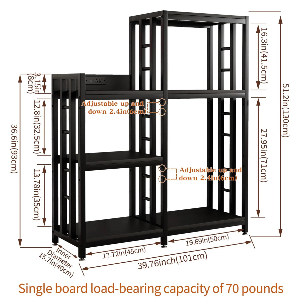 Kitchen Racks: 6-tier adjustable baker’s rack with power outlet for microwave, fridge, and coffee bar in Kitchen or Home Office