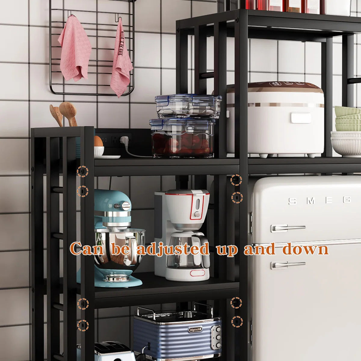Kitchen Racks: 6-tier adjustable baker’s rack with power outlet for microwave, fridge, and coffee bar in Kitchen or Home Office