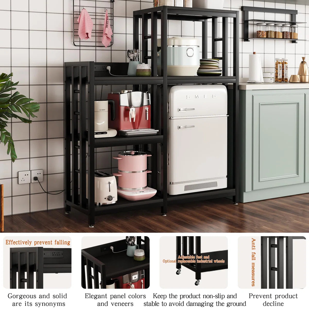 Kitchen Racks: 6-tier adjustable baker’s rack with power outlet for microwave, fridge, and coffee bar in Kitchen or Home Office