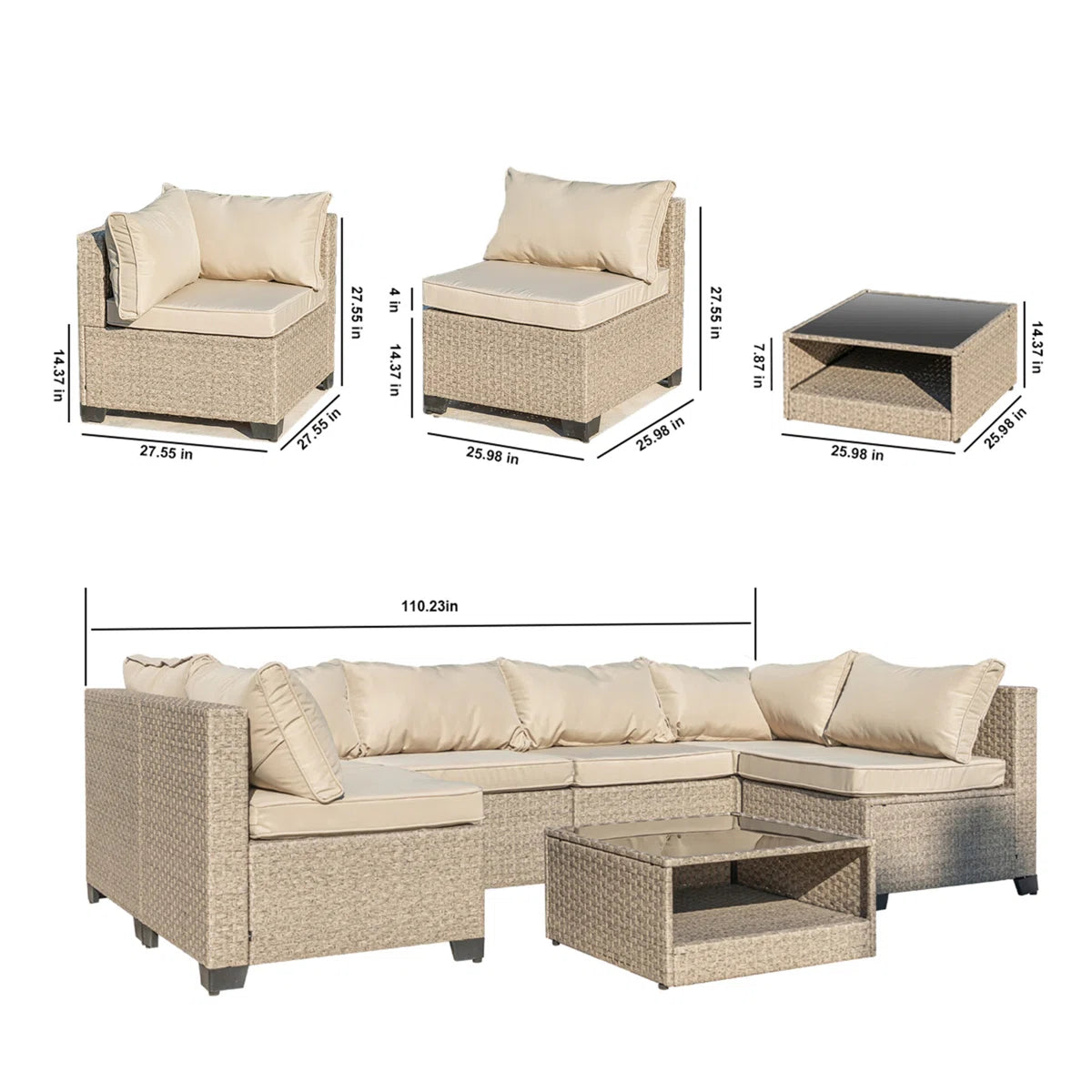 7 Seater Sofa Set: 7-Piece Patio Furniture Set with Cushions Set