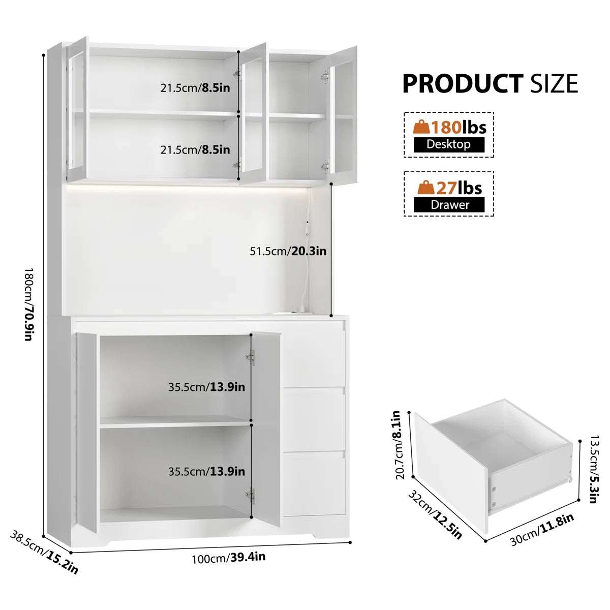 Kitchen Rack: 70.9'' Kitchen Pantry with Microwave Shelf, Charging Station, and LED Lights
