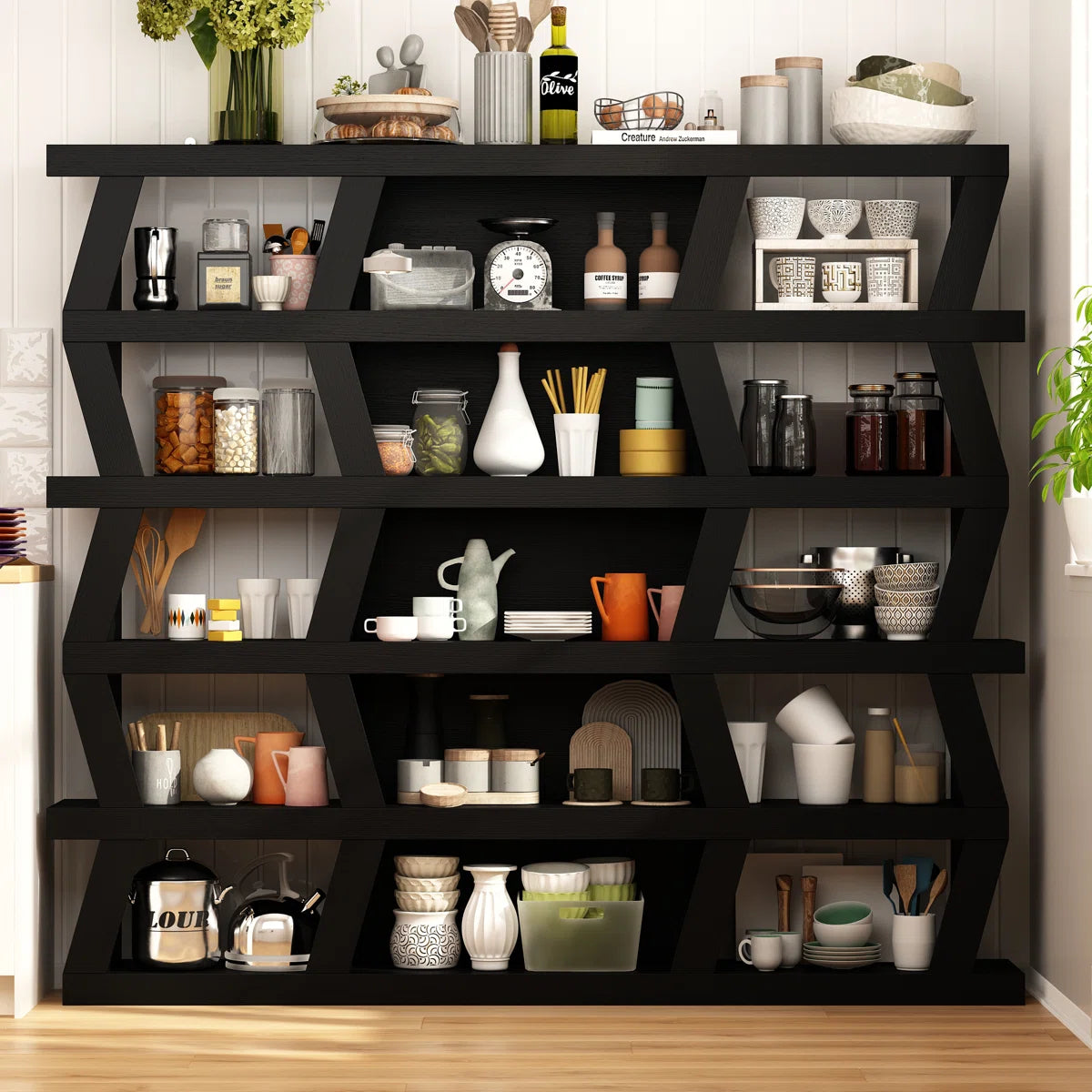 Kitchen Racks: 70.9" W 6-Layer Kitchen Rack Made of Black Wood
