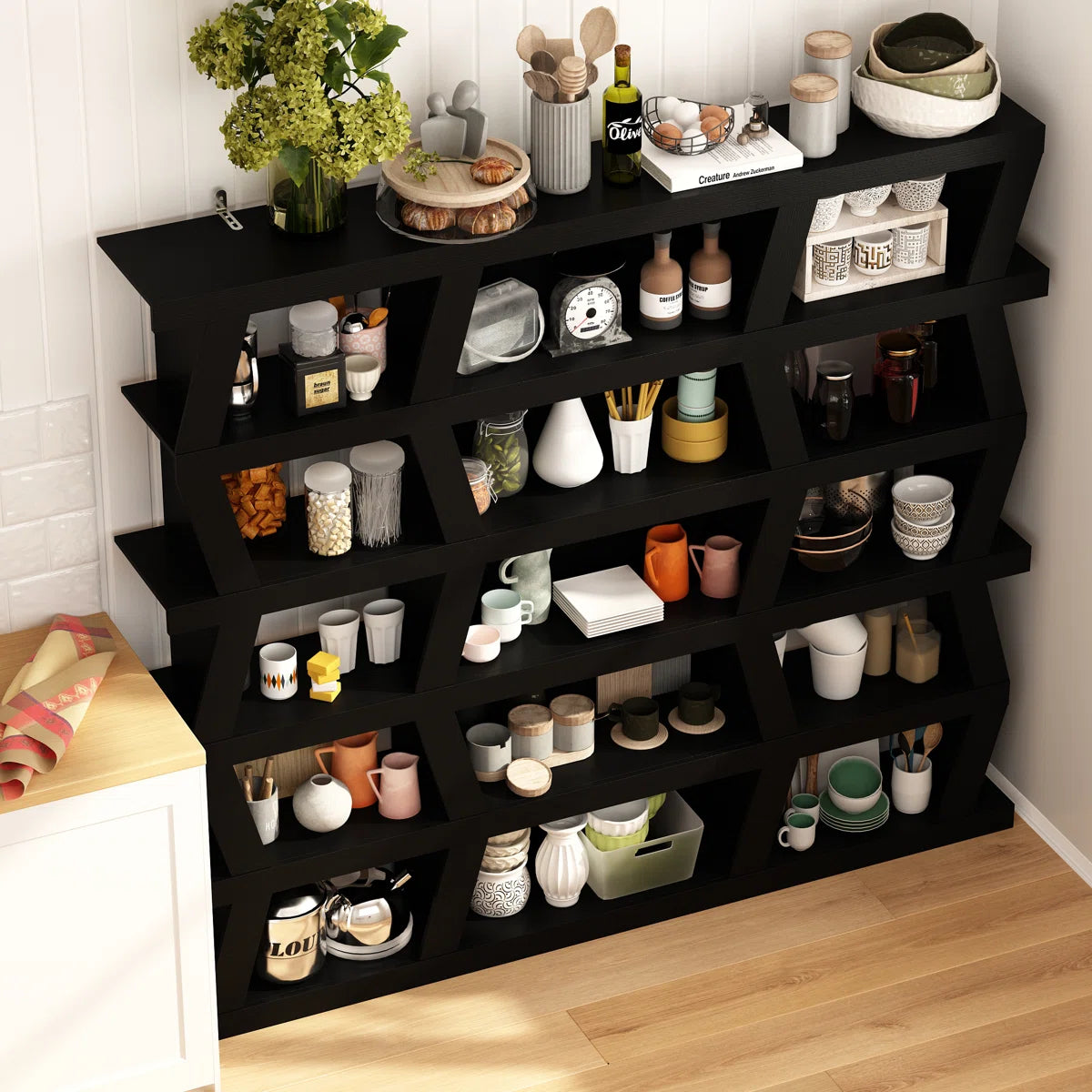 Kitchen Racks: 70.9" W 6-Layer Kitchen Rack Made of Black Wood
