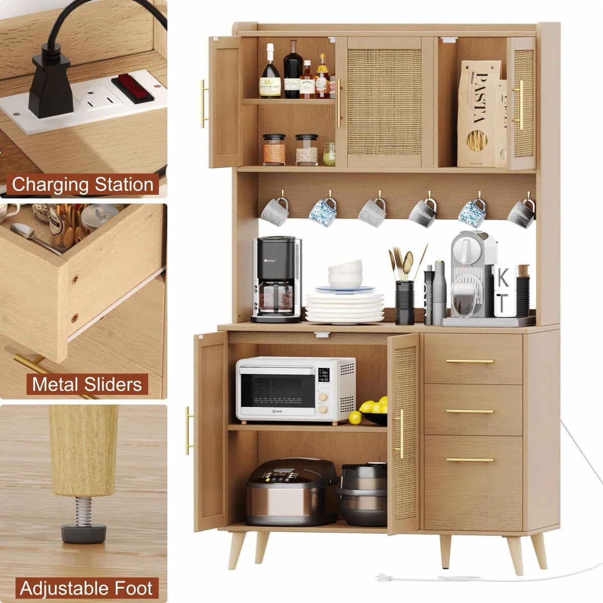 Microwave Stands: Multifunctional Kitchen Cabinet with Microwave Rack – Modern Microwave Stands with Charging Station, Drawers & Doors