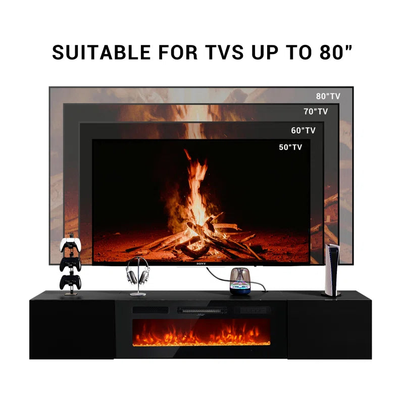 tv panel: 70" Wall Mounted TV Console with Fireplace, LED Lights, and Storage