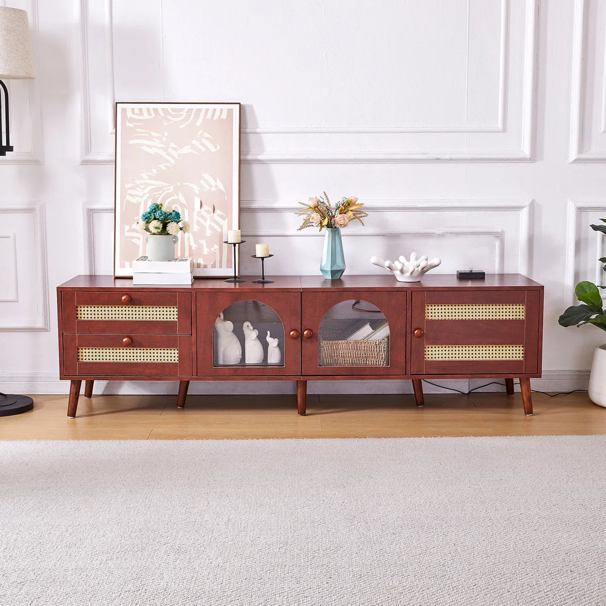 tv panel: 70" Rattan tv panels With 3 Cabinets & 2 Drawers,LED Light Entertainment Center For Tv Up To 80"
