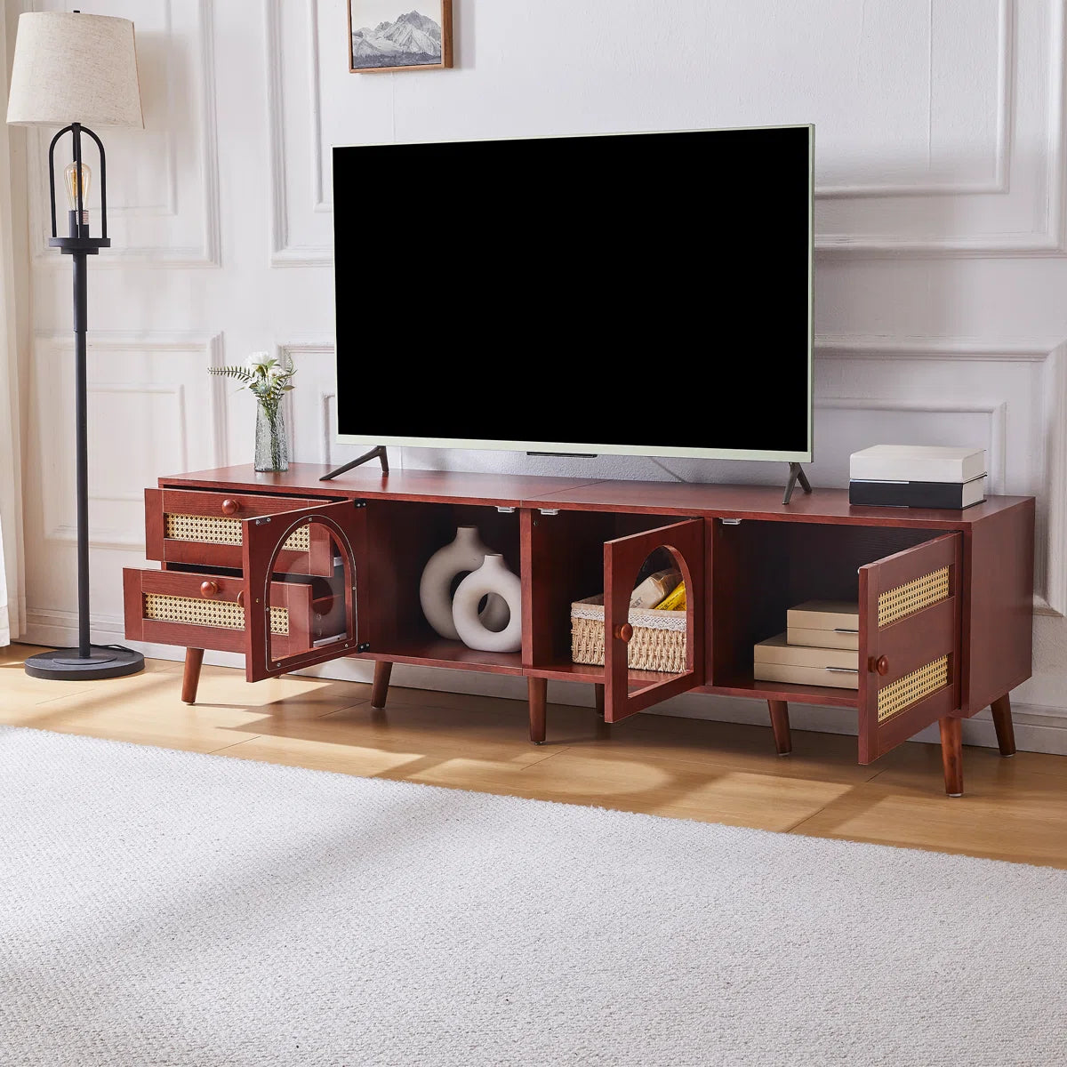 tv panel: 70" Rattan tv panels With 3 Cabinets & 2 Drawers,LED Light Entertainment Center For Tv Up To 80"
