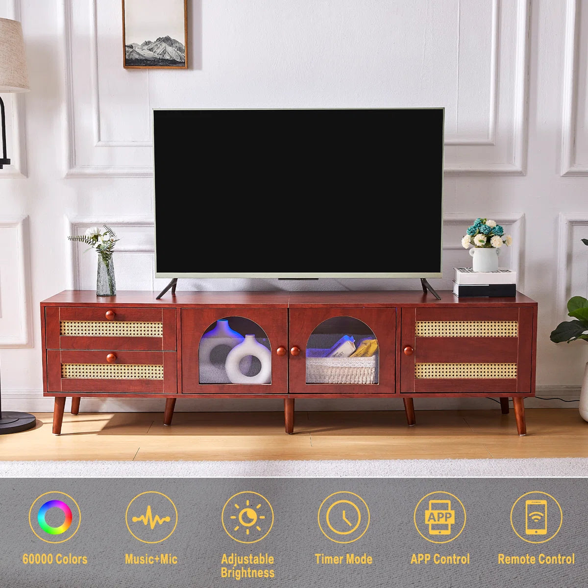 tv panel: 70" Rattan tv panels With 3 Cabinets & 2 Drawers,LED Light Entertainment Center For Tv Up To 80"
