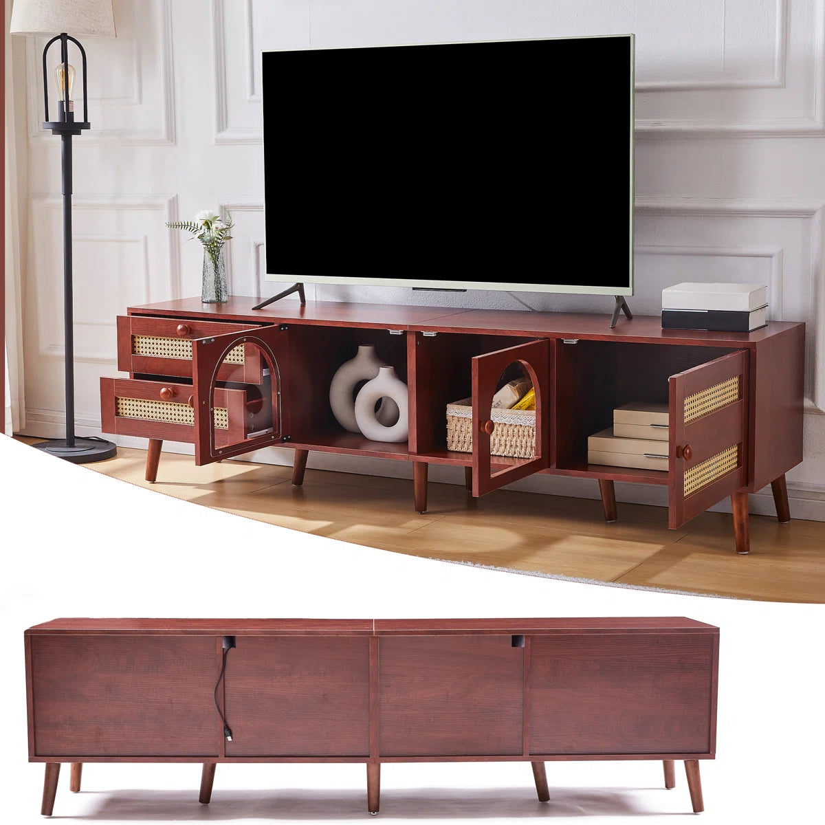 tv panel: 70" Rattan tv panels With 3 Cabinets & 2 Drawers,LED Light Entertainment Center For Tv Up To 80"