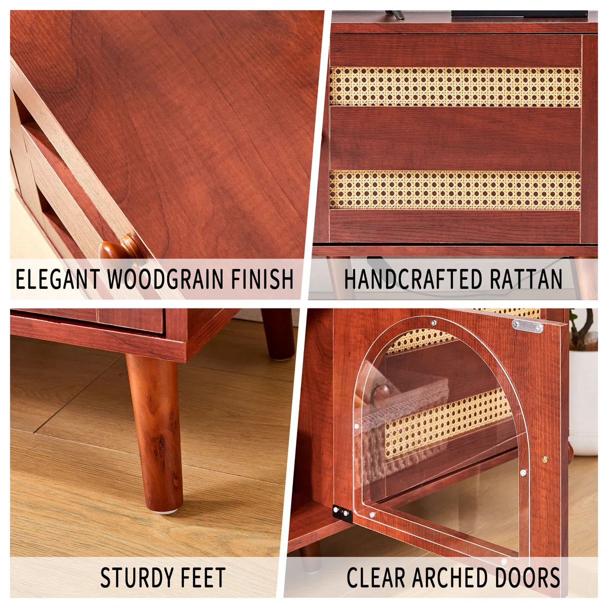 tv panel: 70" Rattan tv panels With 3 Cabinets & 2 Drawers,LED Light Entertainment Center For Tv Up To 80"