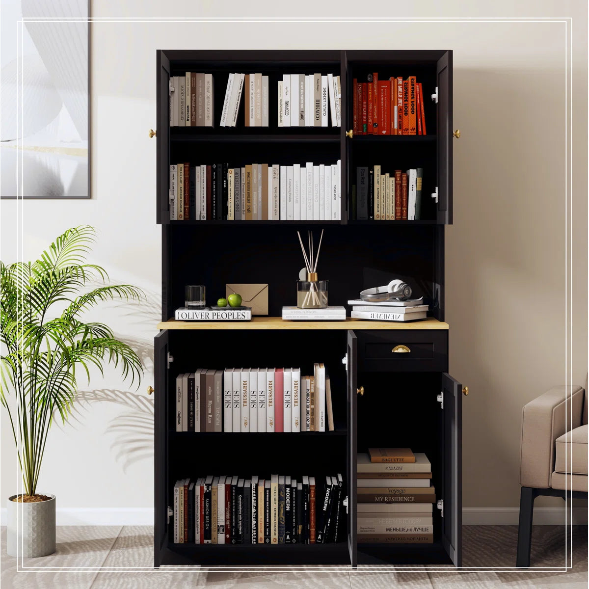 Microwave Stands: Black Microwave Stands – 71" Pantry Hutch Cabinet with Adjustable Shelves