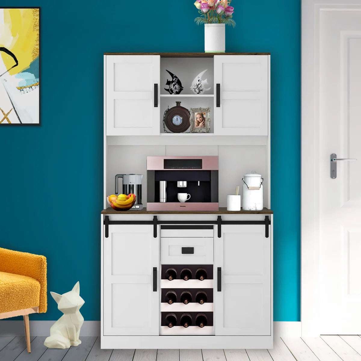 Microwave Stands: 72" Kitchen Sideboard with Hutch, Barn Door, Charging Station & LED Light Strip