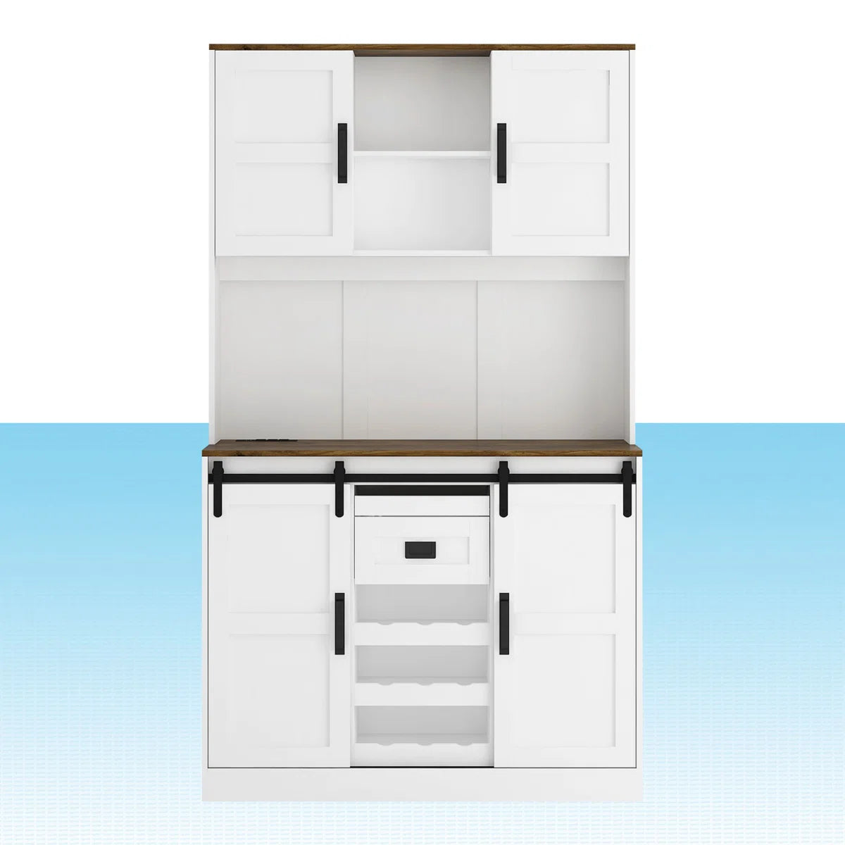 Microwave Stands: 72" Kitchen Sideboard with Hutch, Barn Door, Charging Station & LED Light Strip