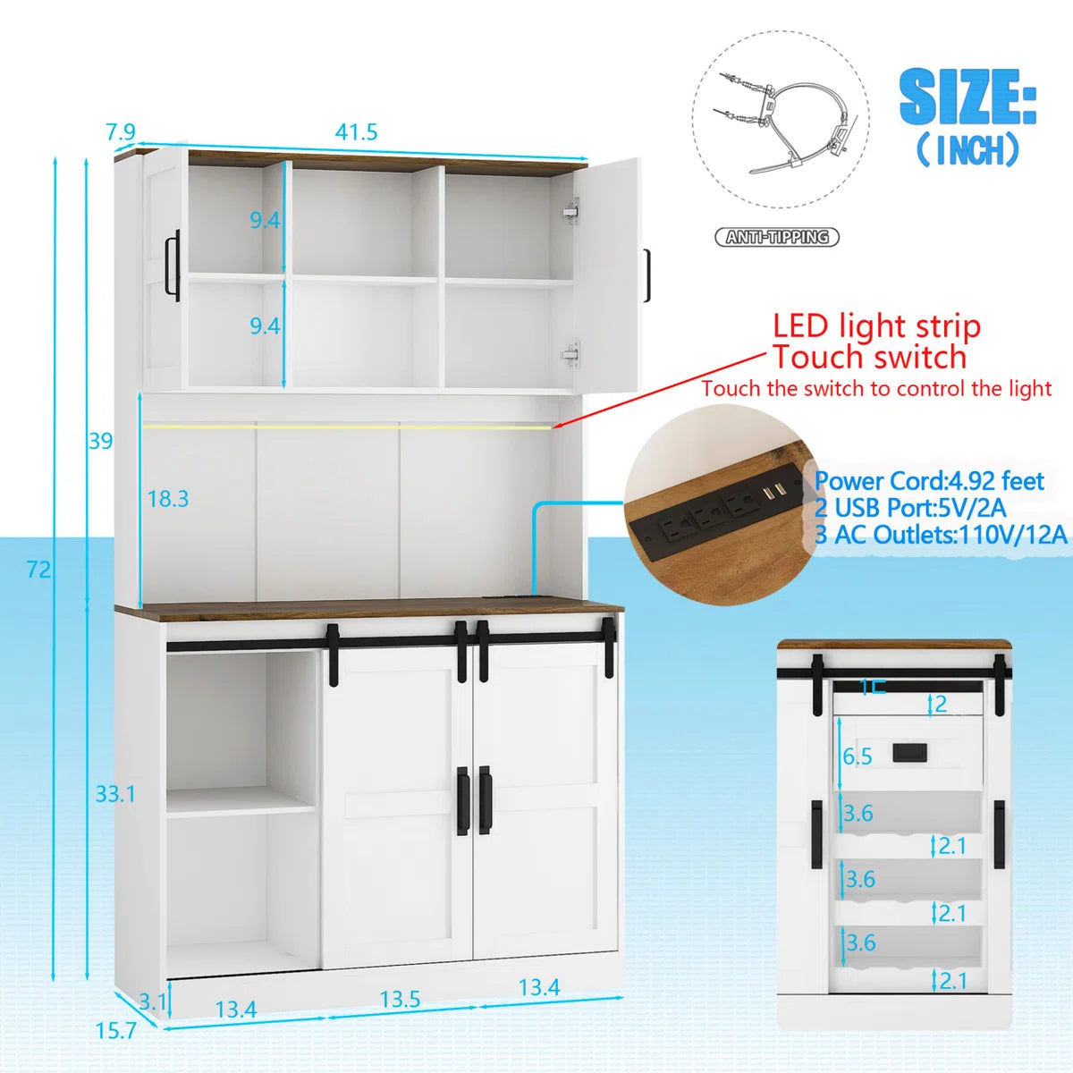 Microwave Stands: 72" Kitchen Sideboard with Hutch, Barn Door, Charging Station & LED Light Strip