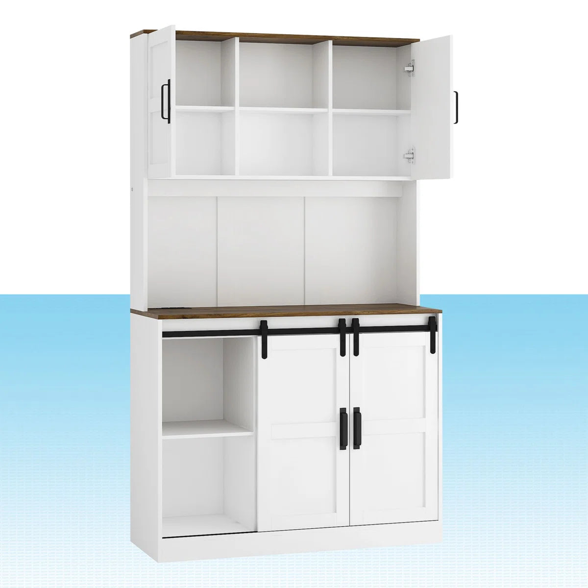 Microwave Stands: 72" Kitchen Sideboard with Hutch, Barn Door, Charging Station & LED Light Strip