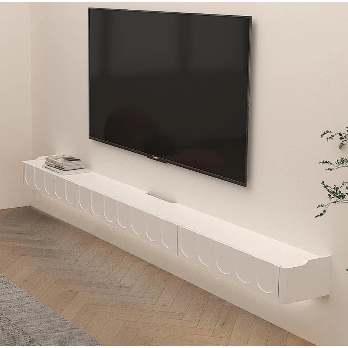 tv panel: 73'' Wall Mounted TV Cabinet with Doors, Drawers, and Floating Storage Shelves
